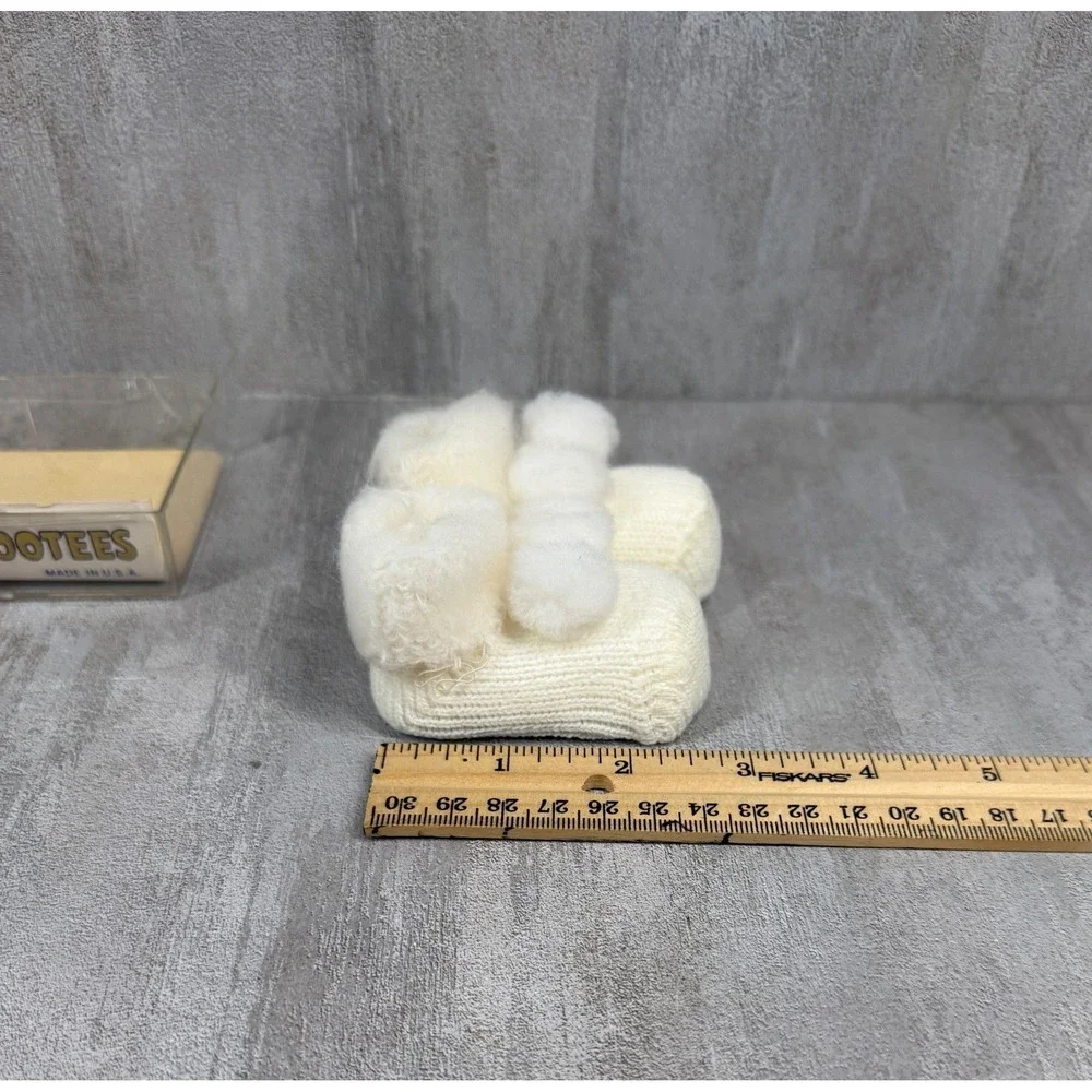 Vintage Baby Bootees Newborn to 3 Months Cream White Knit Pom Pom Made in USA